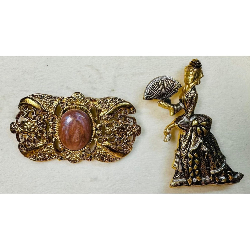 Vintage 1960s Brooch Lot 2 Victorian Filigree Damascene Lady Cabochon Pin